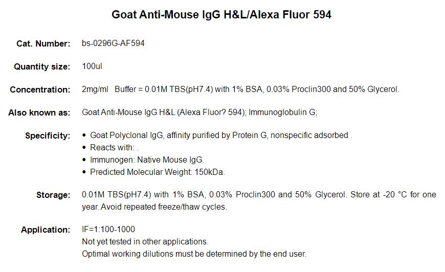 Alexa Fluor 594标记的山羊抗小鼠IgG H&amp;L